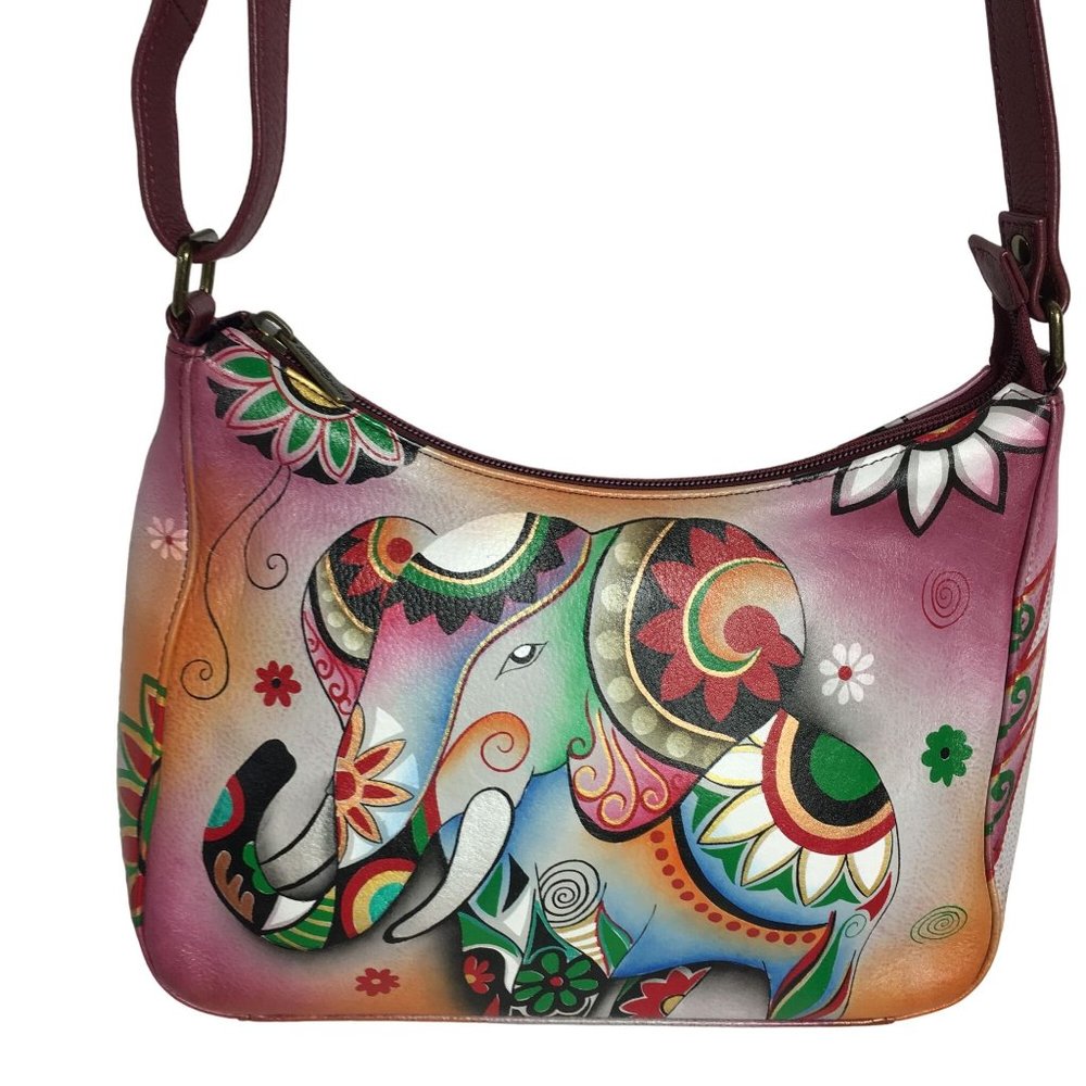 Anuschka NEVER USED Handpainted Leather Hobo Cross Body Bag Elephant